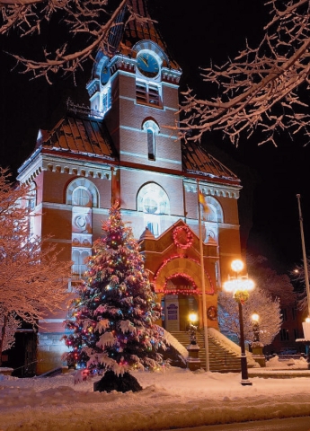 image of Fredericton City Hall with lit christmas tree and snow on the ground and the tree